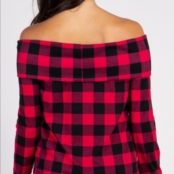 Red and Black Plaid Off the Shoulder Blouse - Picture 6 of 7